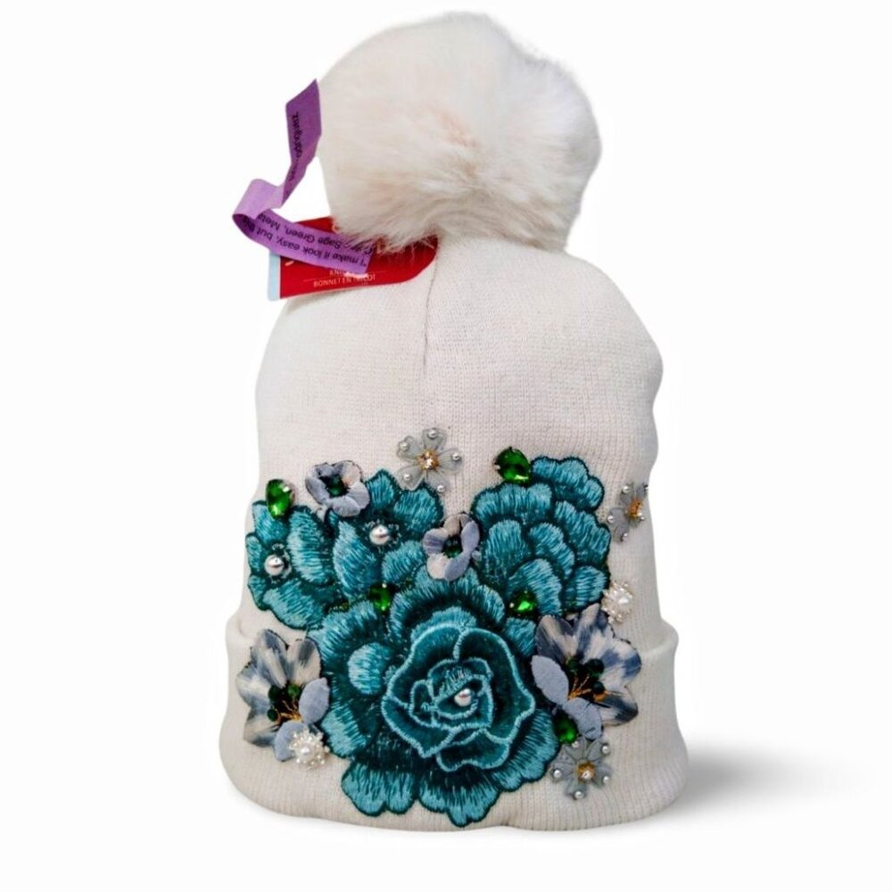 Vibrate Jewel Tone Floral Embroidered Off White Pearl Accent Knit Beanie  TT1521